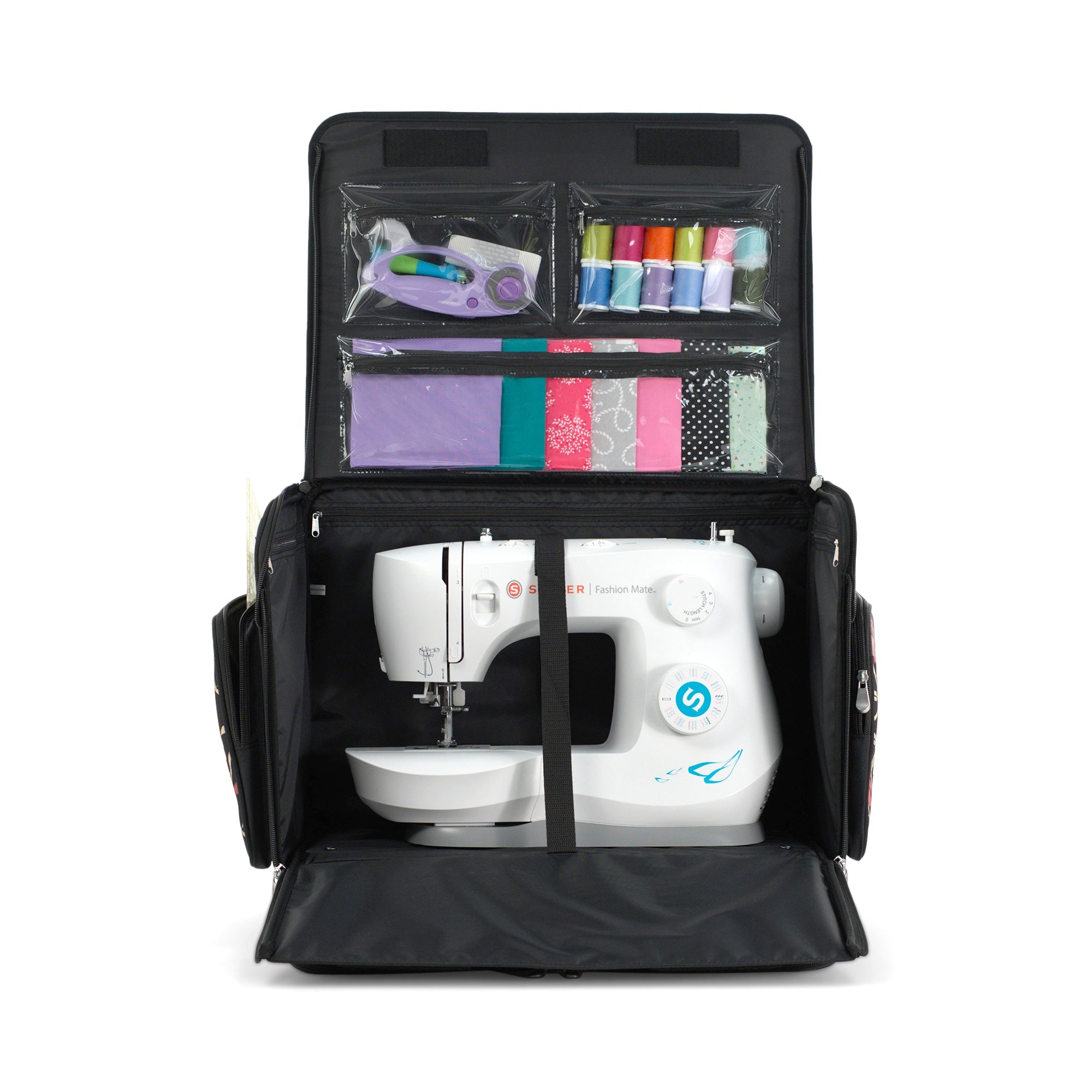 Everything Mary XL Rolling Sewing Machine Case with Wheels in Red & Tan Floral – Sewing Machine Tote Bag for Travel, Classes & Quilting