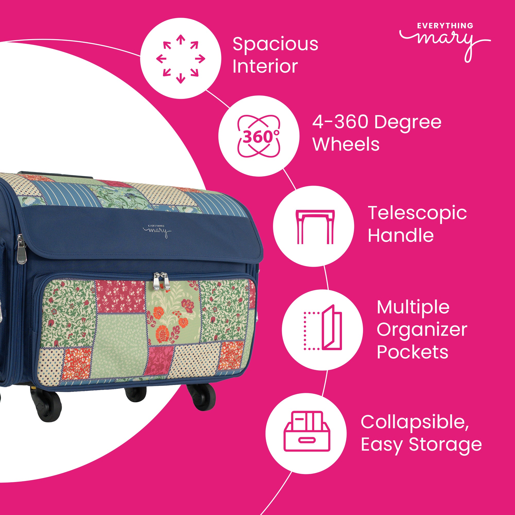 Everything Mary XL Rolling Sewing Machine Case with Wheels in Quilted Pattern – Sewing Machine Tote Bag for Travel, Classes & Quilting