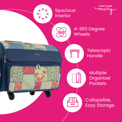 Everything Mary XL Rolling Sewing Machine Case with Wheels in Quilted Pattern – Sewing Machine Tote Bag for Travel, Classes & Quilting