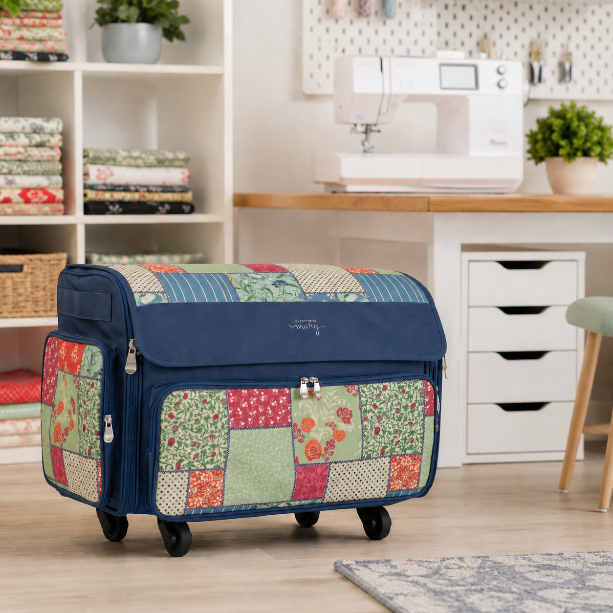 Everything Mary XL Rolling Sewing Machine Case with Wheels in Quilted Pattern – Sewing Machine Tote Bag for Travel, Classes & Quilting