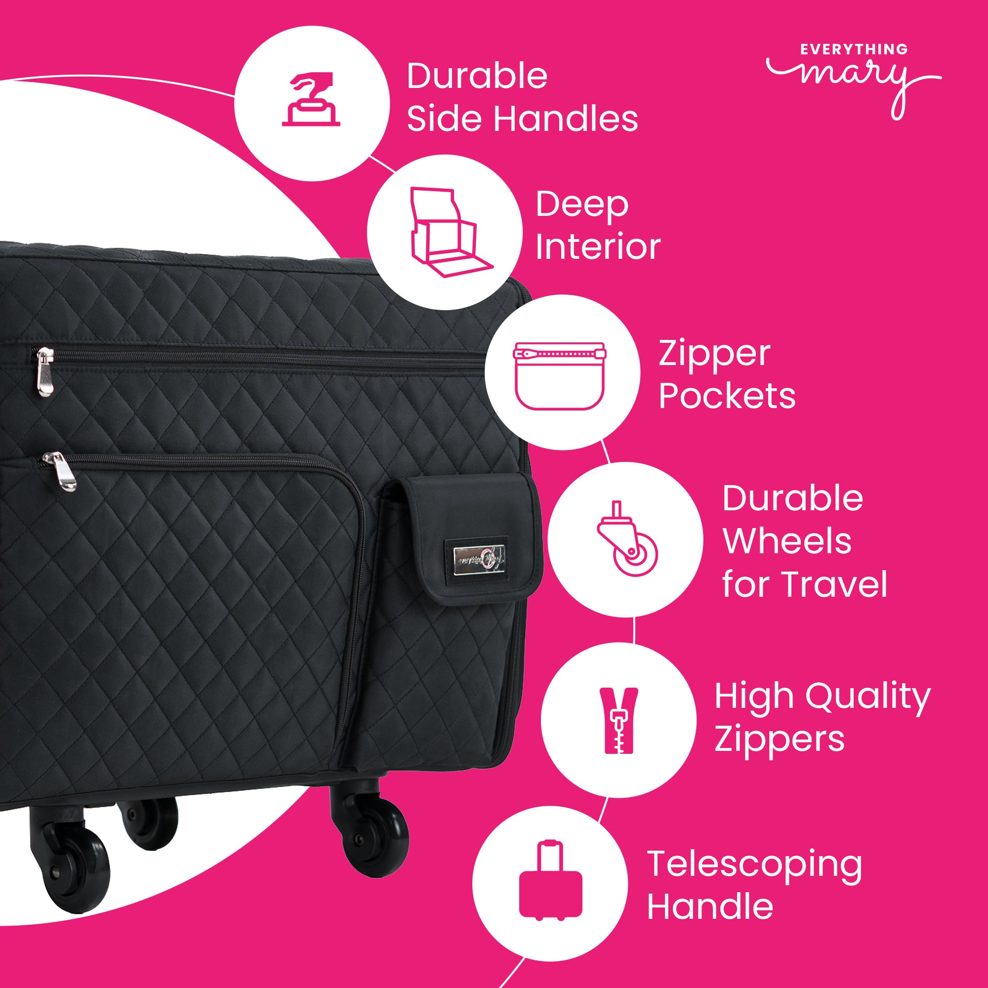 Everything Mary XL 4 Wheel Collapsible Rolling Sewing Machine Storage Case, Black Quilted