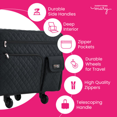 Everything Mary XL 4 Wheel Collapsible Rolling Sewing Machine Storage Case, Black Quilted