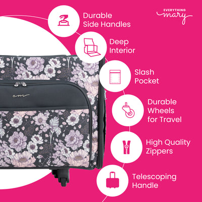Everything Mary XL 4 Wheel Collapsible Rolling Sewing Machine Storage Case, Pink Floral