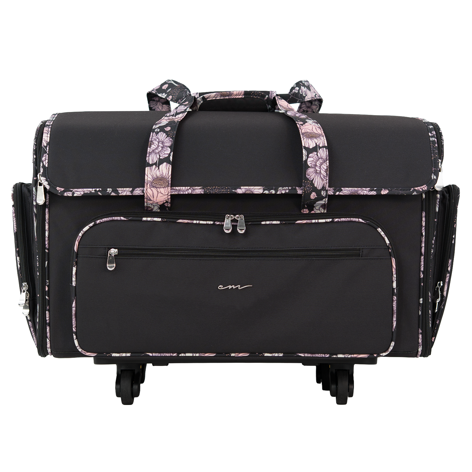 Everything Mary XXL 4 Wheel Collapsible Rolling Sewing Machine Storage Case, Black & Floral Trim