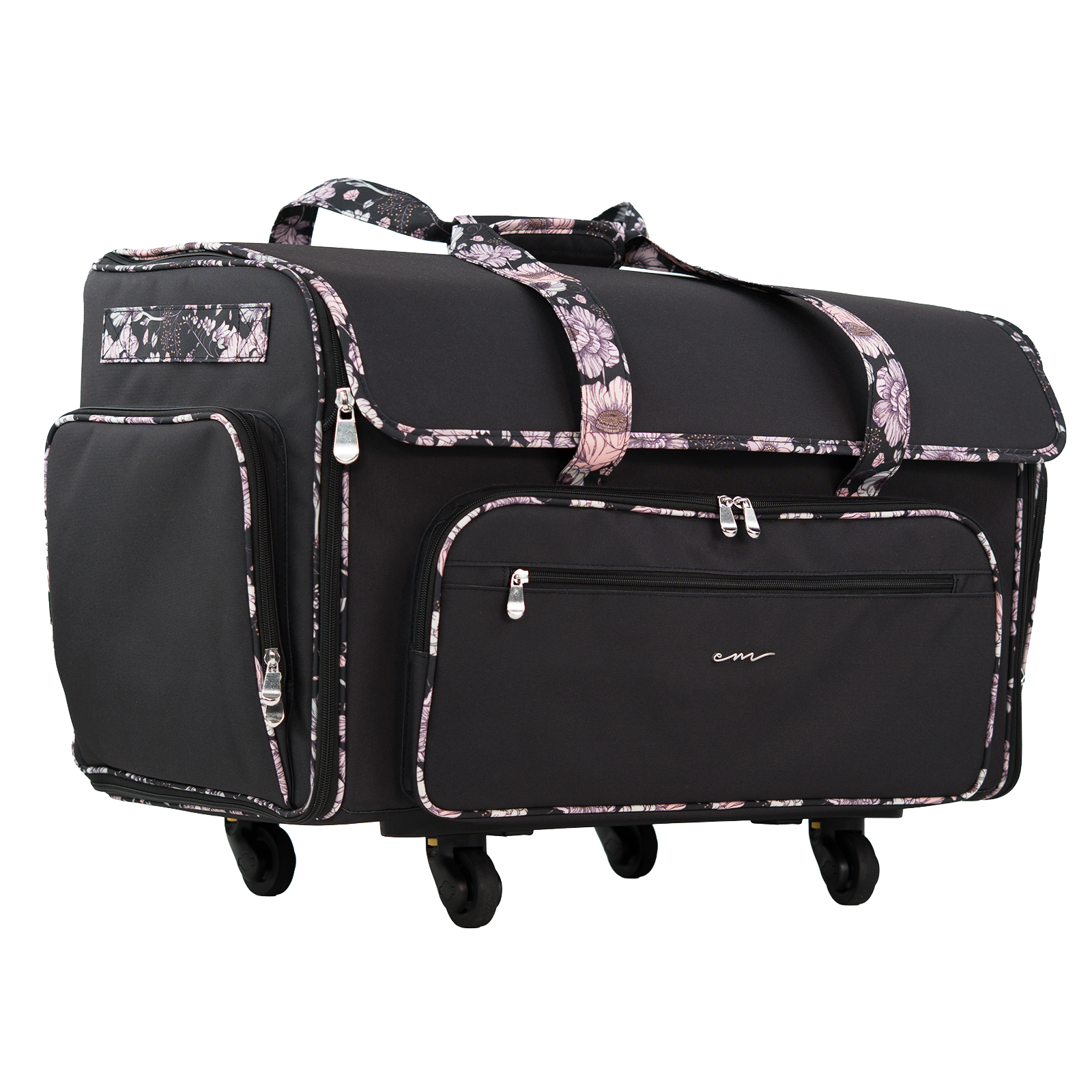 Everything Mary XXL 4 Wheel Collapsible Rolling Sewing Machine Storage Case, Black & Floral Trim