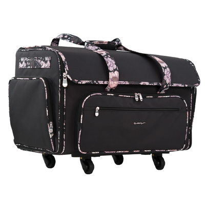 Everything Mary XXL 4 Wheel Collapsible Rolling Sewing Machine Storage Case, Black & Floral Trim