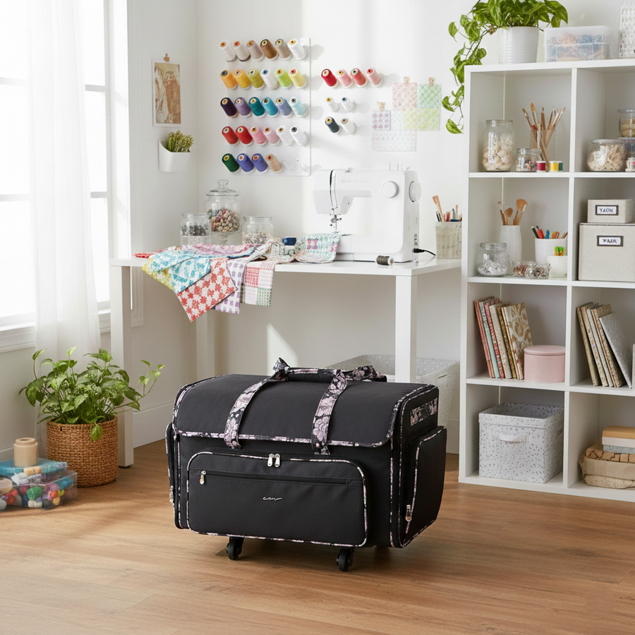 Everything Mary XXL 4 Wheel Collapsible Rolling Sewing Machine Storage Case, Black & Floral Trim