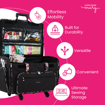 Everything Mary XXL 4 Wheel Collapsible Rolling Sewing Machine Storage Case, Black & Floral Trim