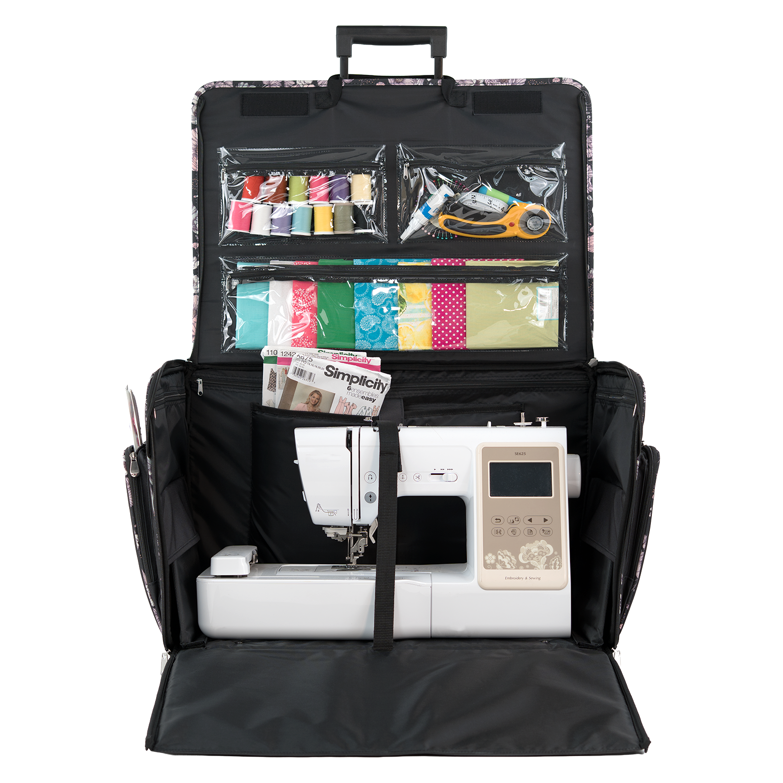 Everything Mary XXL 4 Wheel Collapsible Rolling Sewing Machine Storage Case, Black & Floral Trim