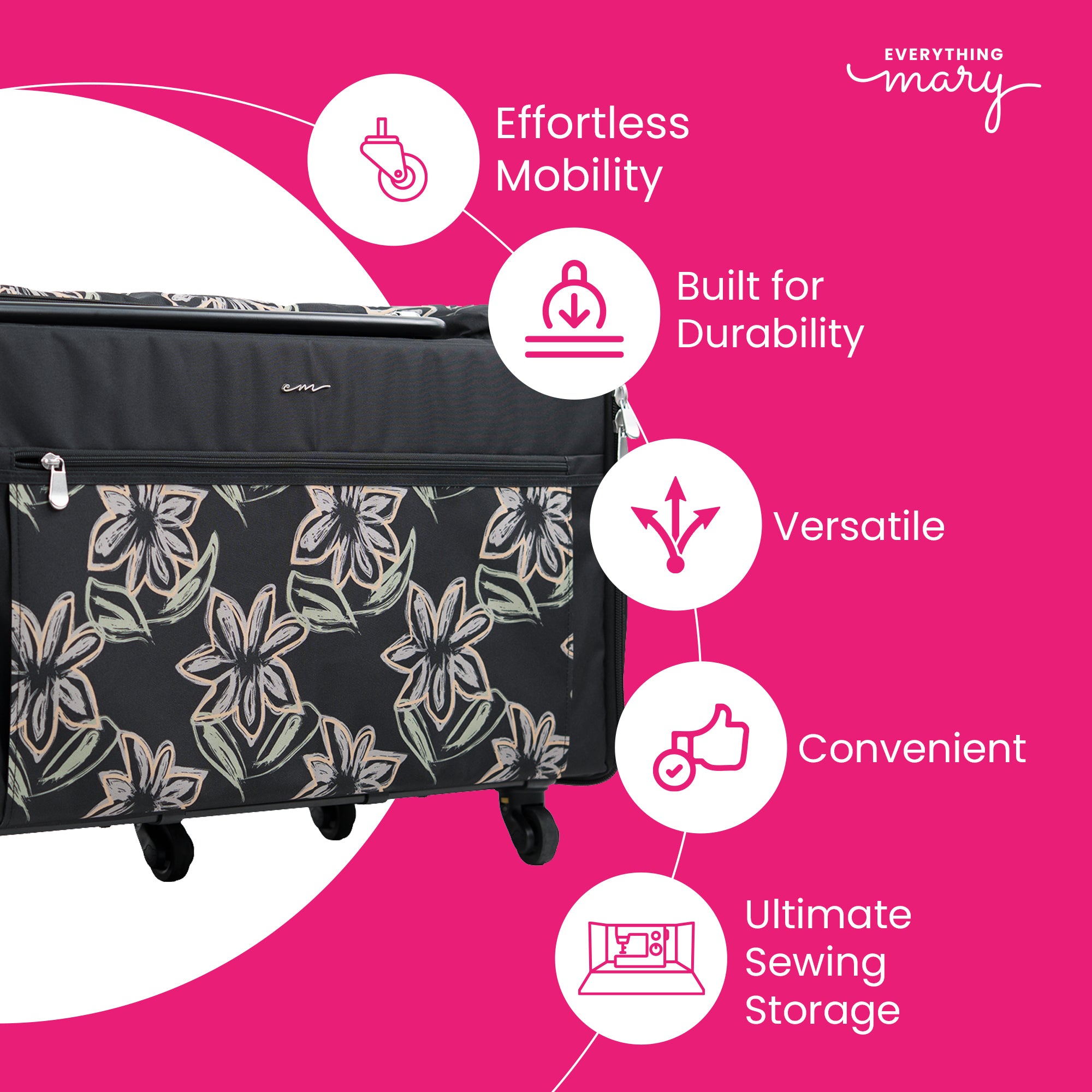 Everything Mary Jumbo 5 Wheel Collapsible Rolling Sewing Machine Storage Case, Floral
