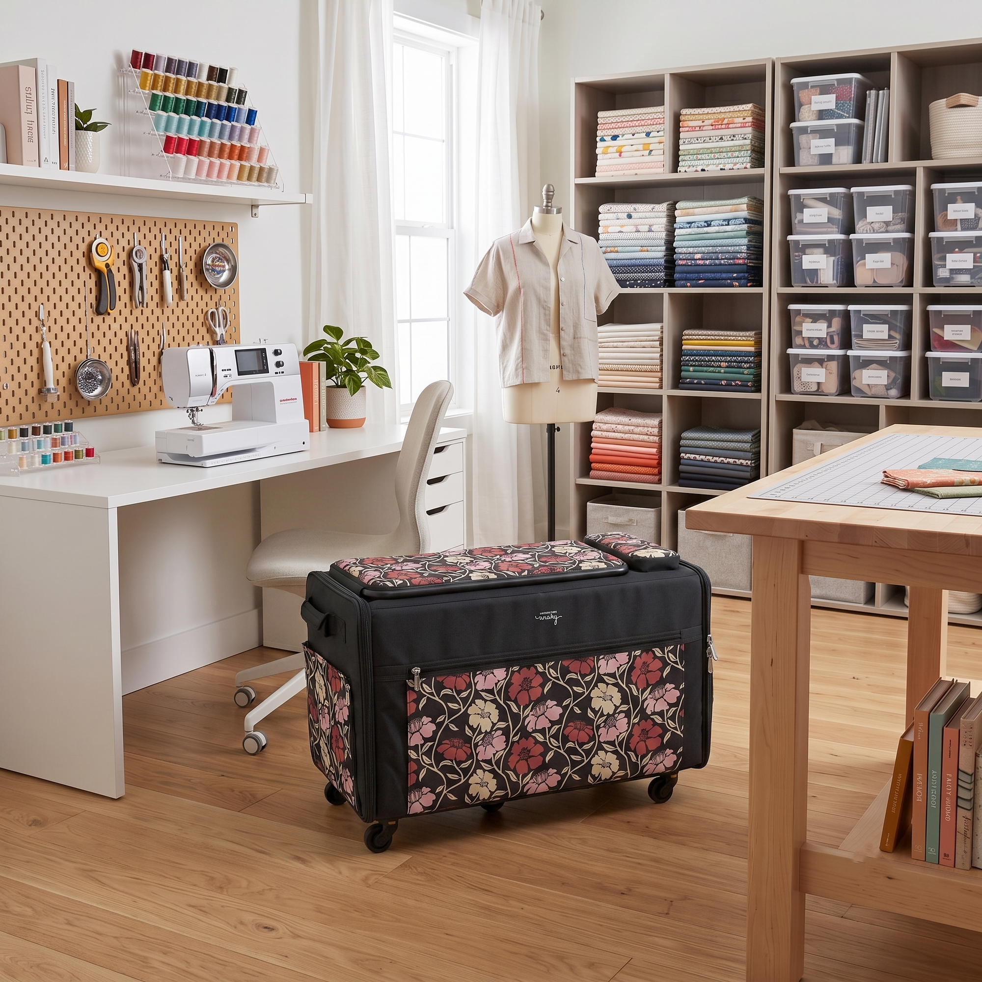 Everything Mary Jumbo Rolling Sewing Machine Case with 5 Wheels in Red & Tan Floral – Extra-Large Padded Craft Storage Tote for Travel & Classes