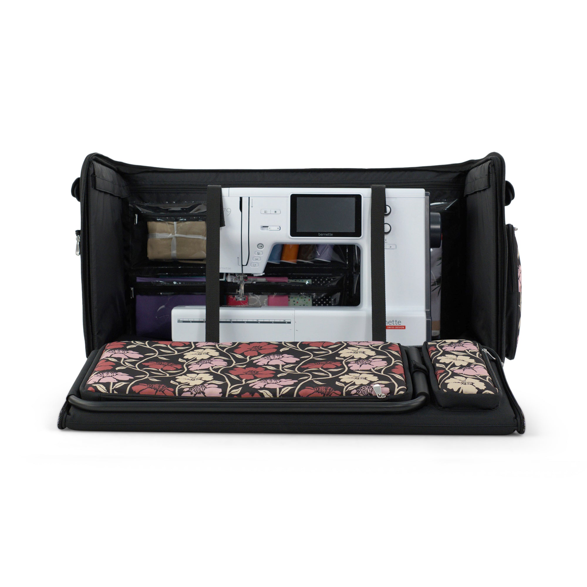 Everything Mary Jumbo Rolling Sewing Machine Case with 5 Wheels in Red & Tan Floral – Extra-Large Padded Craft Storage Tote for Travel & Classes