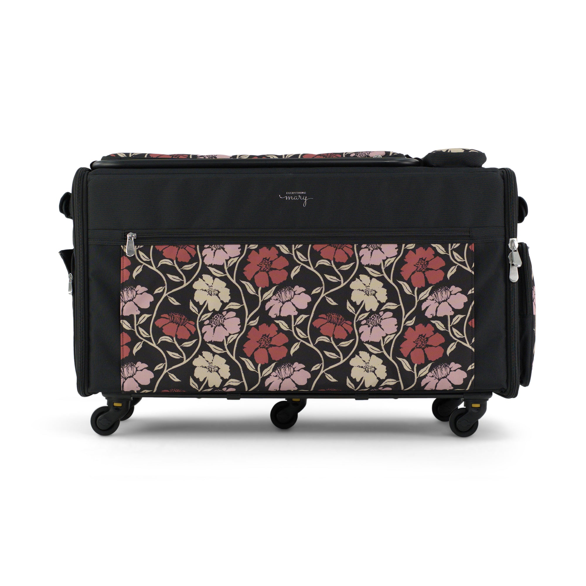 Everything Mary Jumbo Rolling Sewing Machine Case with 5 Wheels in Red & Tan Floral – Extra-Large Padded Craft Storage Tote for Travel & Classes