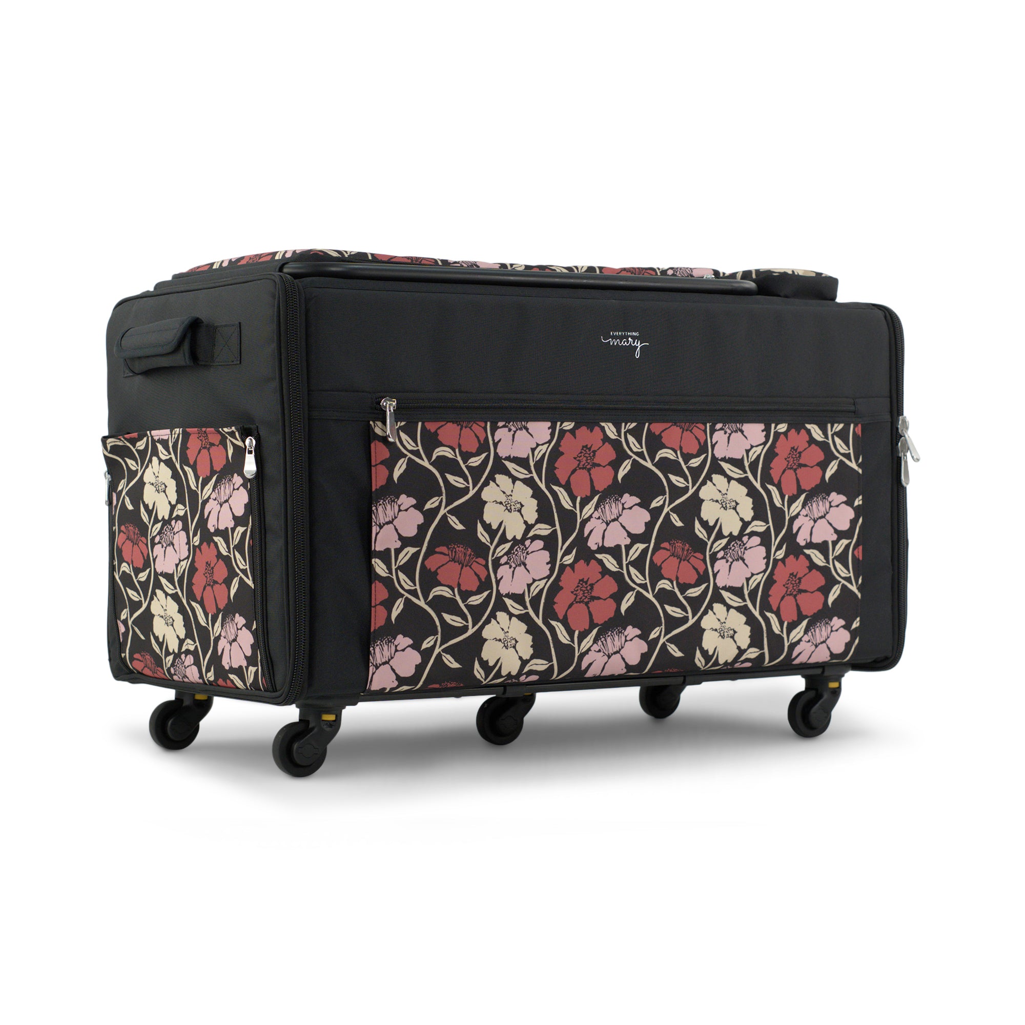Everything Mary Jumbo Rolling Sewing Machine Case with 5 Wheels in Red & Tan Floral – Extra-Large Padded Craft Storage Tote for Travel & Classes