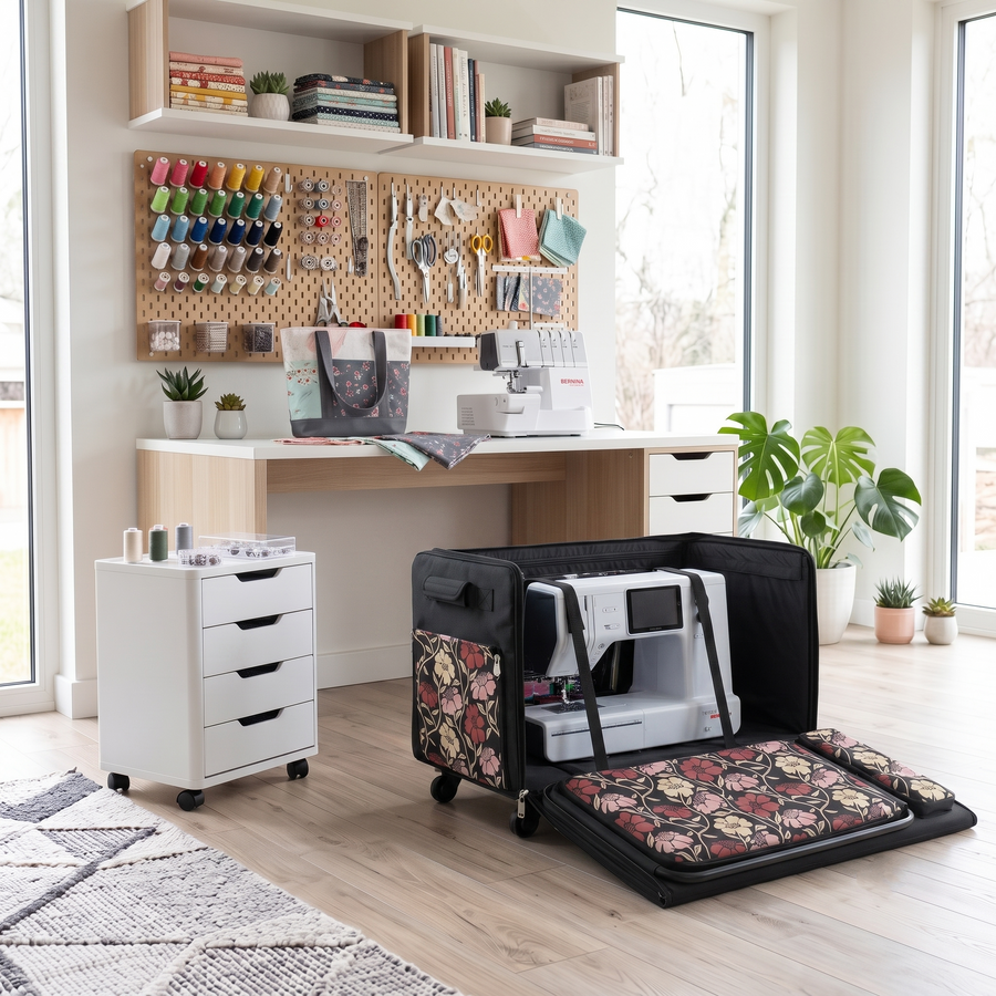 Everything Mary Jumbo Rolling Sewing Machine Case with 5 Wheels in Red & Tan Floral – Extra-Large Padded Craft Storage Tote for Travel & Classes