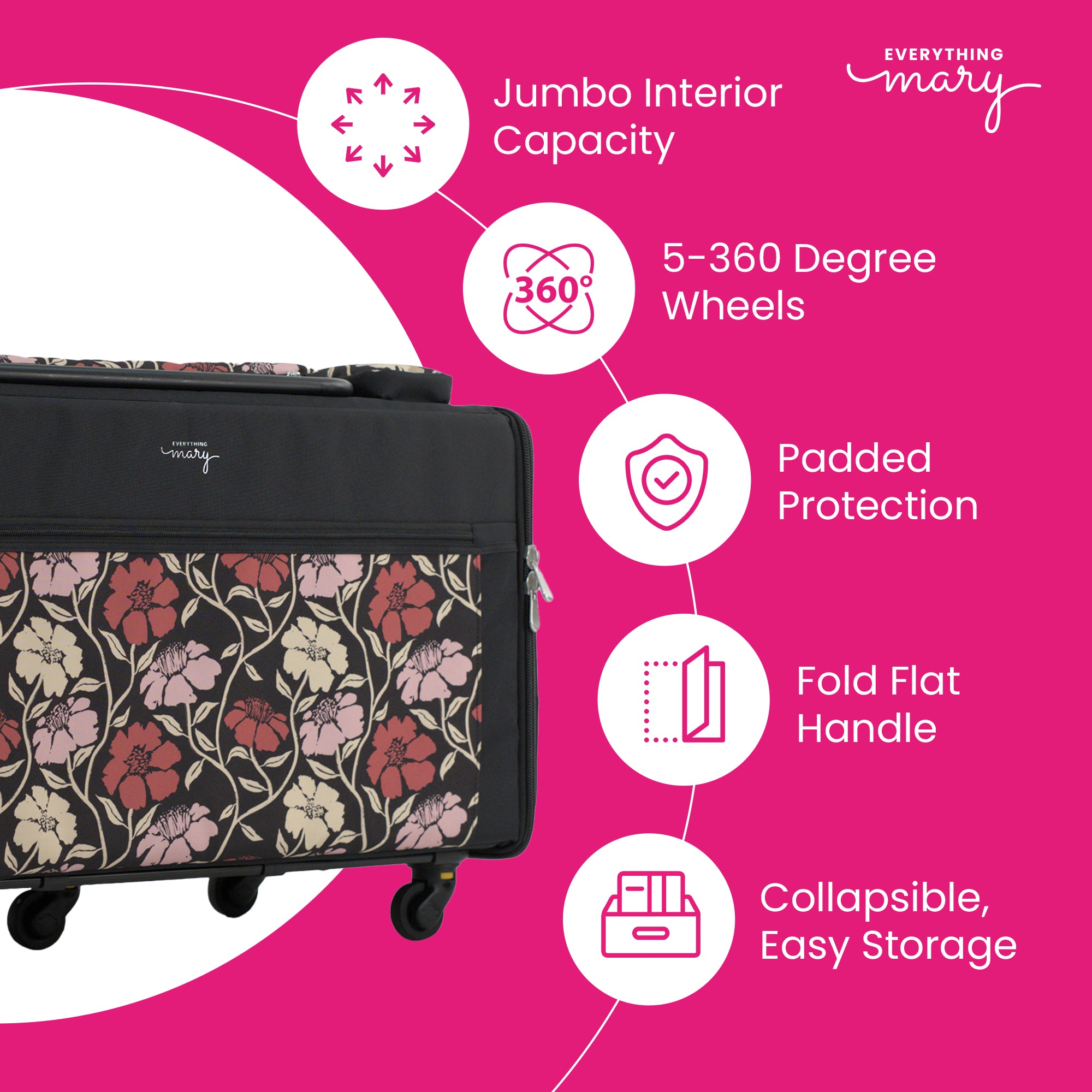 Everything Mary Jumbo Rolling Sewing Machine Case with 5 Wheels in Red & Tan Floral – Extra-Large Padded Craft Storage Tote for Travel & Classes