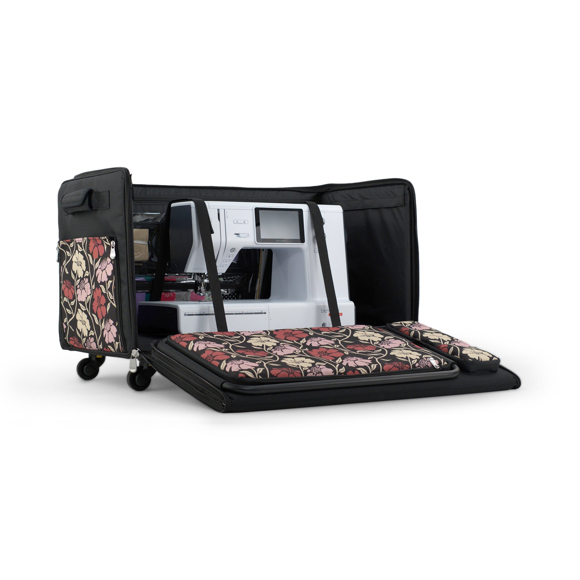 Everything Mary Jumbo Rolling Sewing Machine Case with 5 Wheels in Red & Tan Floral – Extra-Large Padded Craft Storage Tote for Travel & Classes