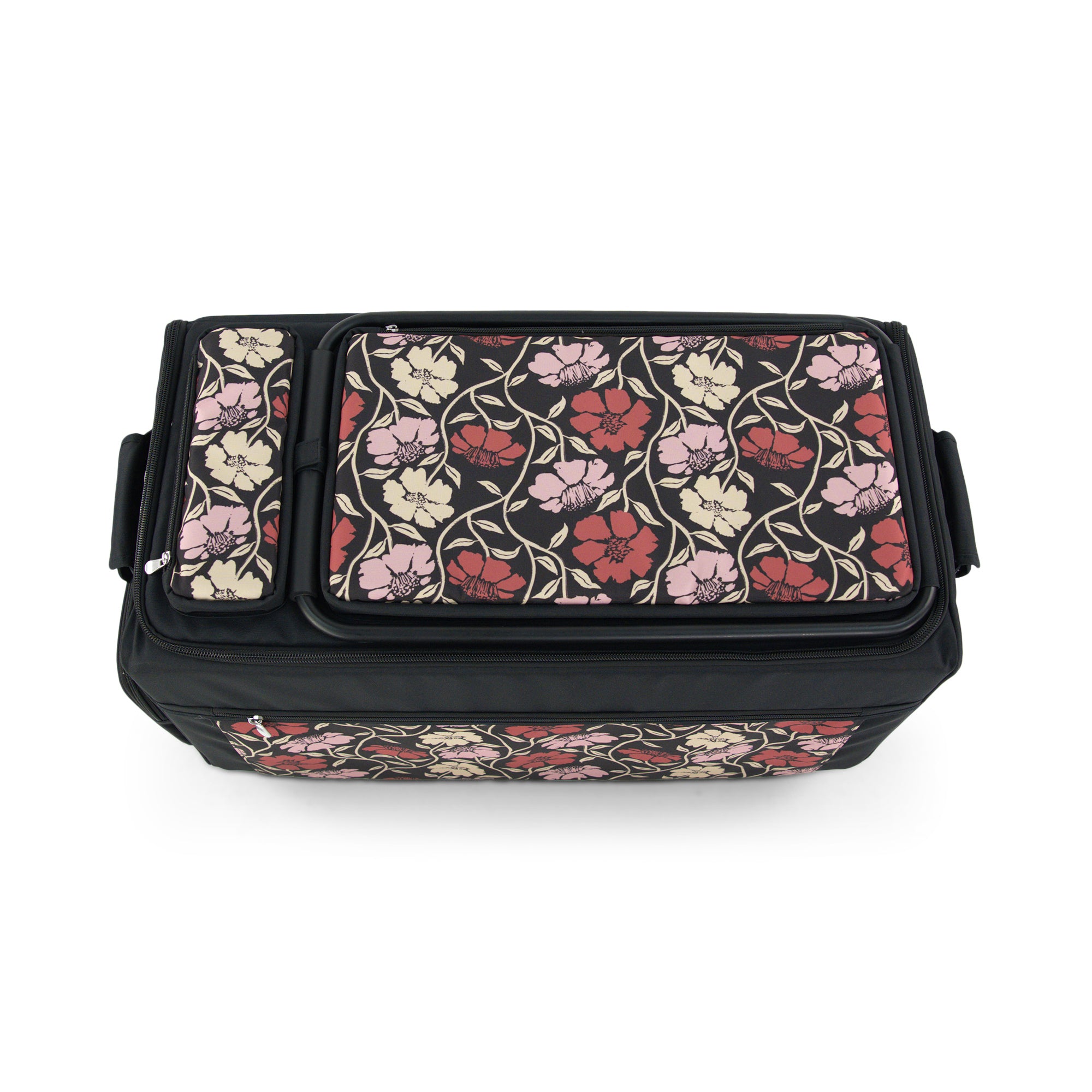 Everything Mary Jumbo Rolling Sewing Machine Case with 5 Wheels in Red & Tan Floral – Extra-Large Padded Craft Storage Tote for Travel & Classes