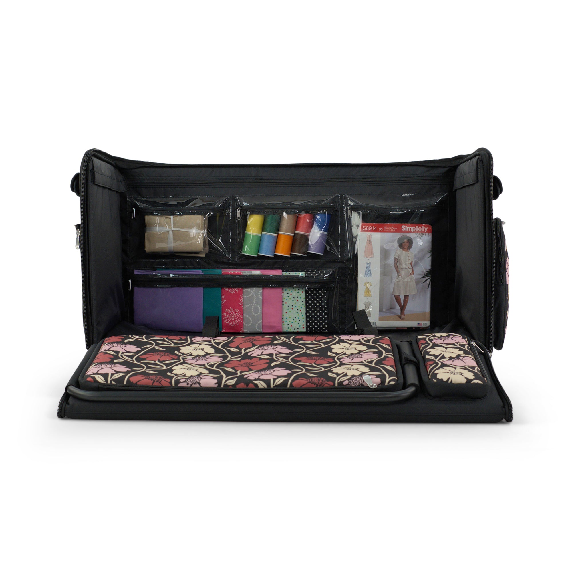Everything Mary Jumbo Rolling Sewing Machine Case with 5 Wheels in Red & Tan Floral – Extra-Large Padded Craft Storage Tote for Travel & Classes