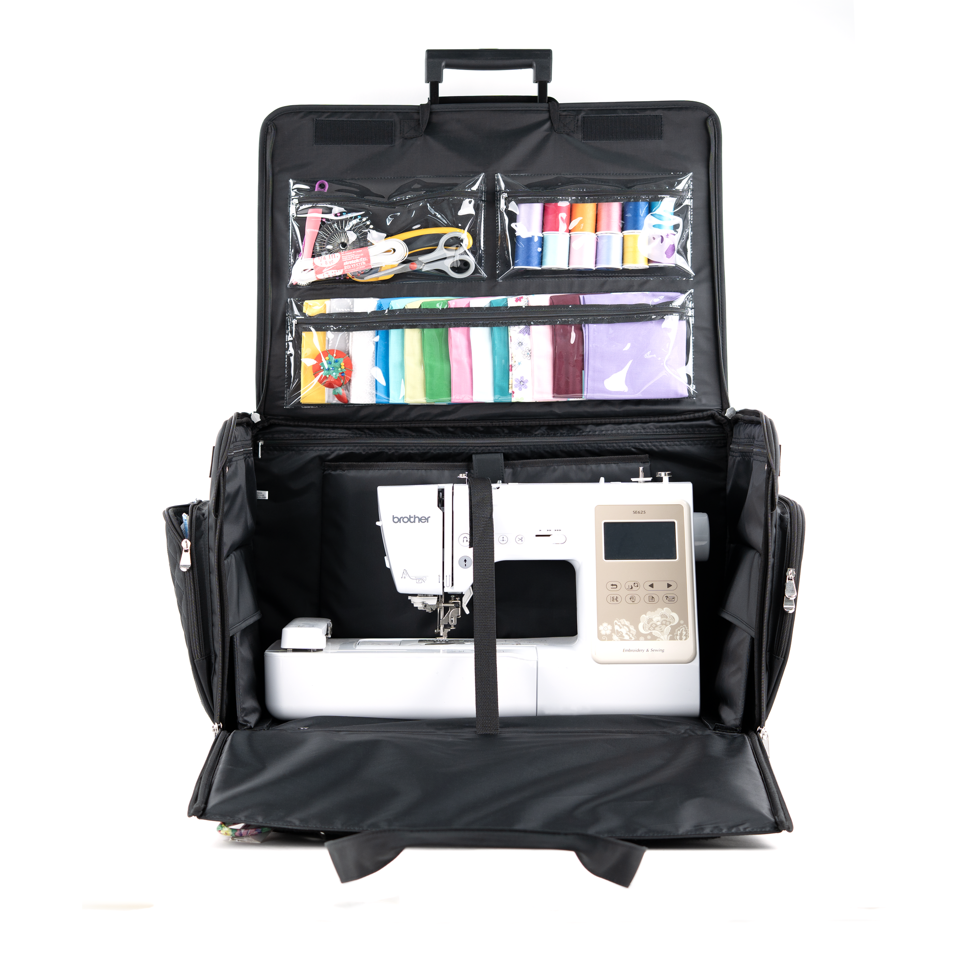 Everything Mary XXL 4 Wheel Collapsible Rolling Sewing Machine Storage Case, Black Quilted