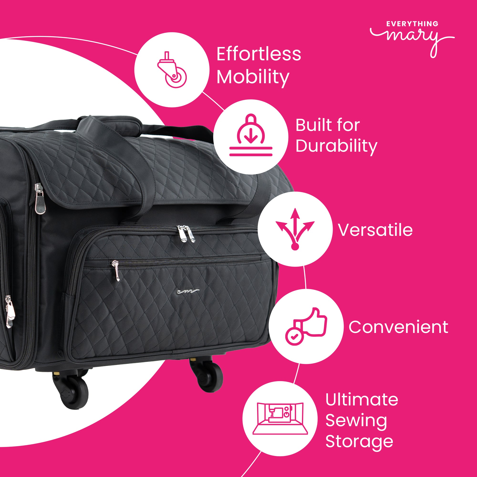 Everything Mary XXL 4 Wheel Collapsible Rolling Sewing Machine Storage Case, Black Quilted