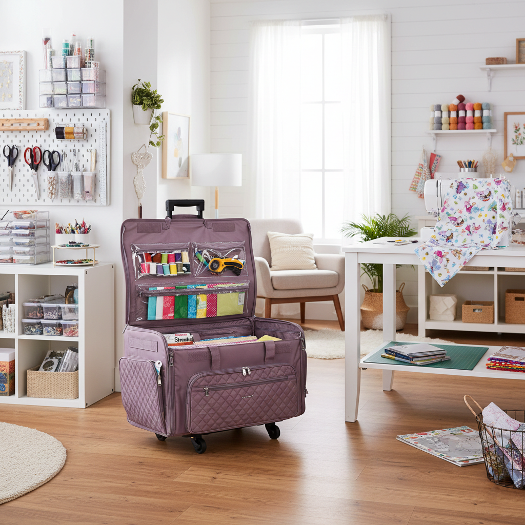 Everything Mary XXL 4 Wheel Collapsible Rolling Sewing Machine Storage Case, Purple Quilted