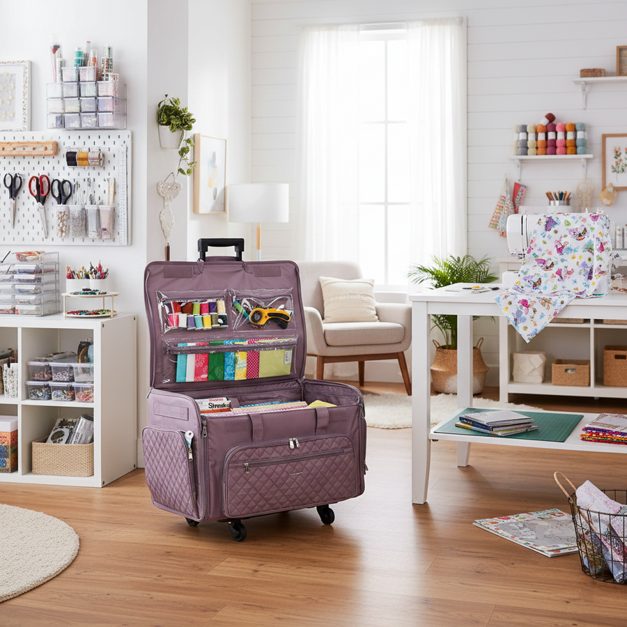 Everything Mary XXL 4 Wheel Collapsible Rolling Sewing Machine Storage Case, Purple Quilted