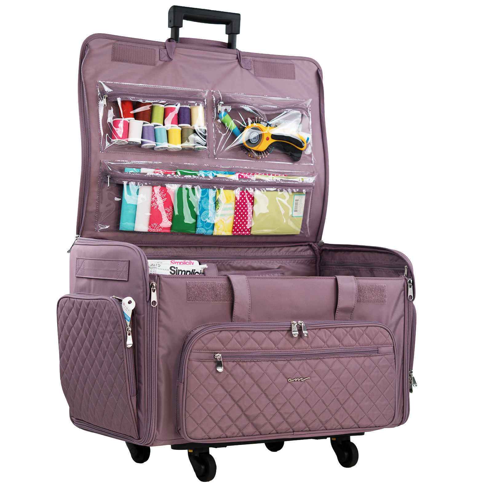 Everything Mary XXL 4 Wheel Collapsible Rolling Sewing Machine Storage Case, Purple Quilted