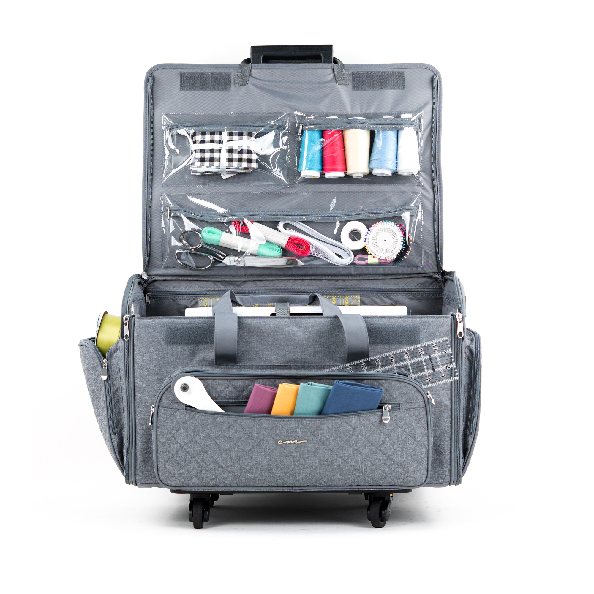 Everything Mary XXL 4 Wheel Collapsible Rolling Sewing Machine Storage Case, Grey Quilted