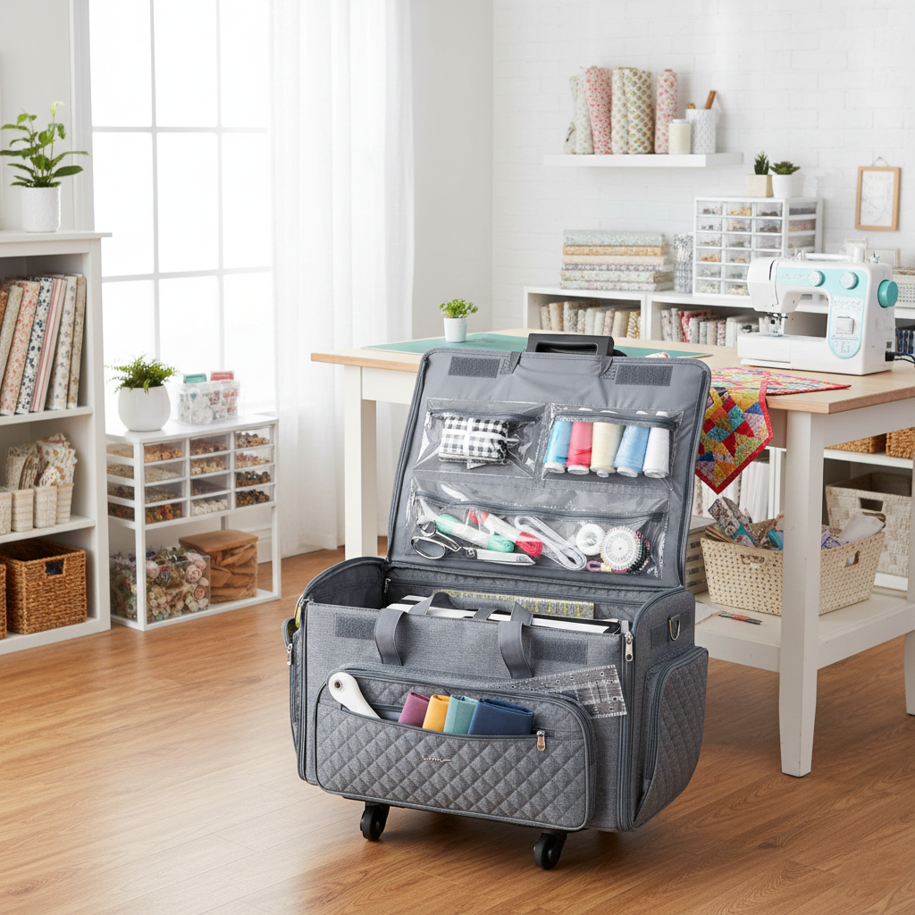 Everything Mary XXL 4 Wheel Collapsible Rolling Sewing Machine Storage Case, Grey Quilted
