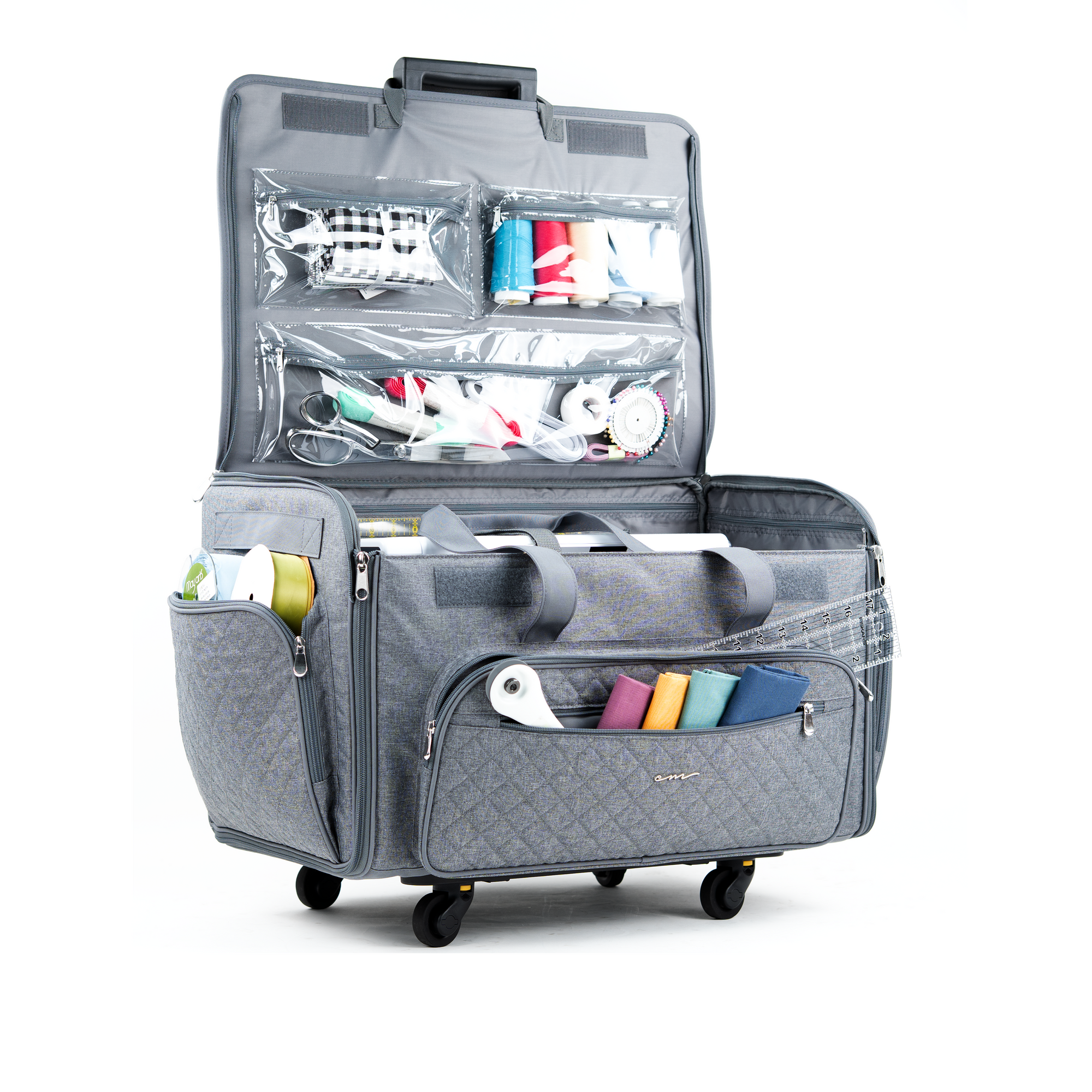 Everything Mary XXL 4 Wheel Collapsible Rolling Sewing Machine Storage Case, Grey Quilted