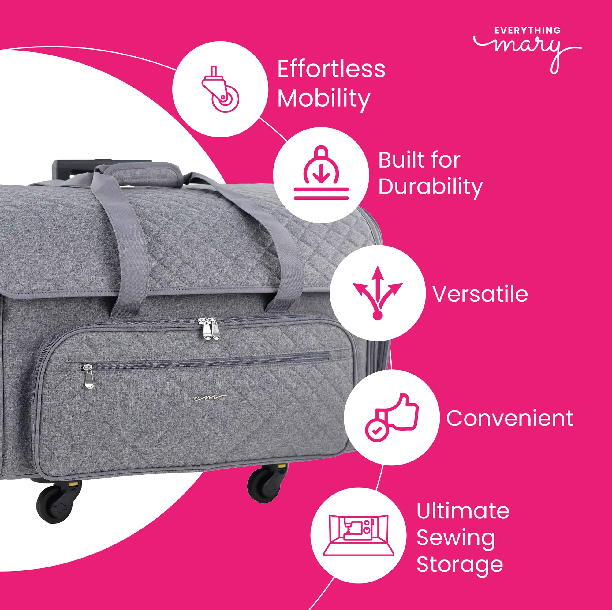 Everything Mary XXL 4 Wheel Collapsible Rolling Sewing Machine Storage Case, Grey Quilted