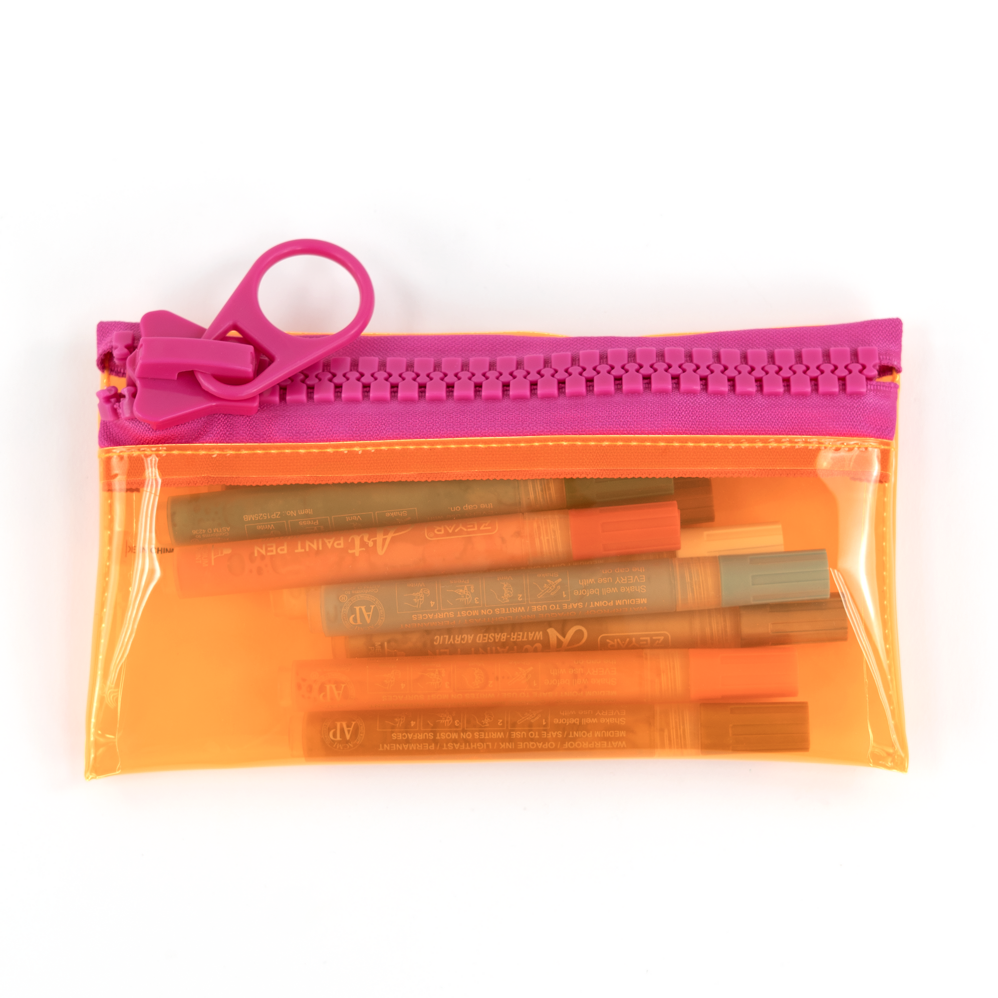 Everything Mary Chunky Zipper Pouch in Orange & Pink – Clear Storage Pouch with Bold Zipper & Wipeable Material for Pencils, Art Supplies & Notions