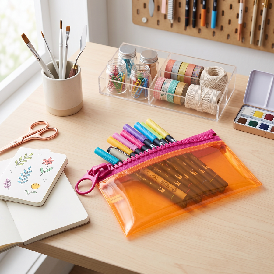 Everything Mary Chunky Zipper Pouch in Orange & Pink – Clear Storage Pouch with Bold Zipper & Wipeable Material for Pencils, Art Supplies & Notions