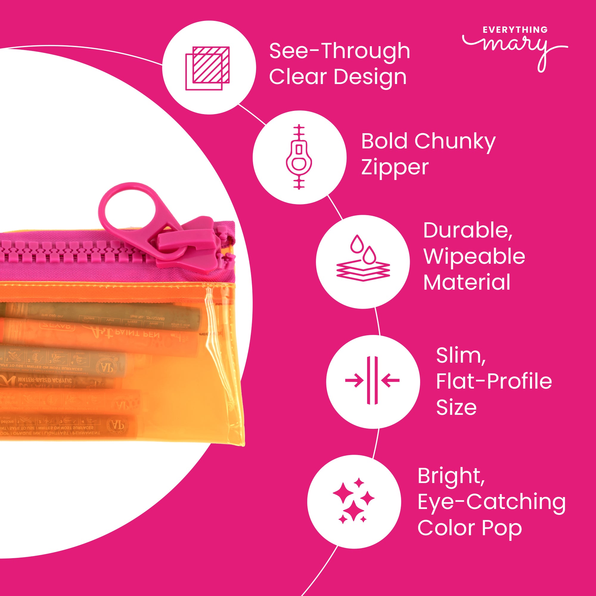 Everything Mary Chunky Zipper Pouch in Orange & Pink – Clear Storage Pouch with Bold Zipper & Wipeable Material for Pencils, Art Supplies & Notions