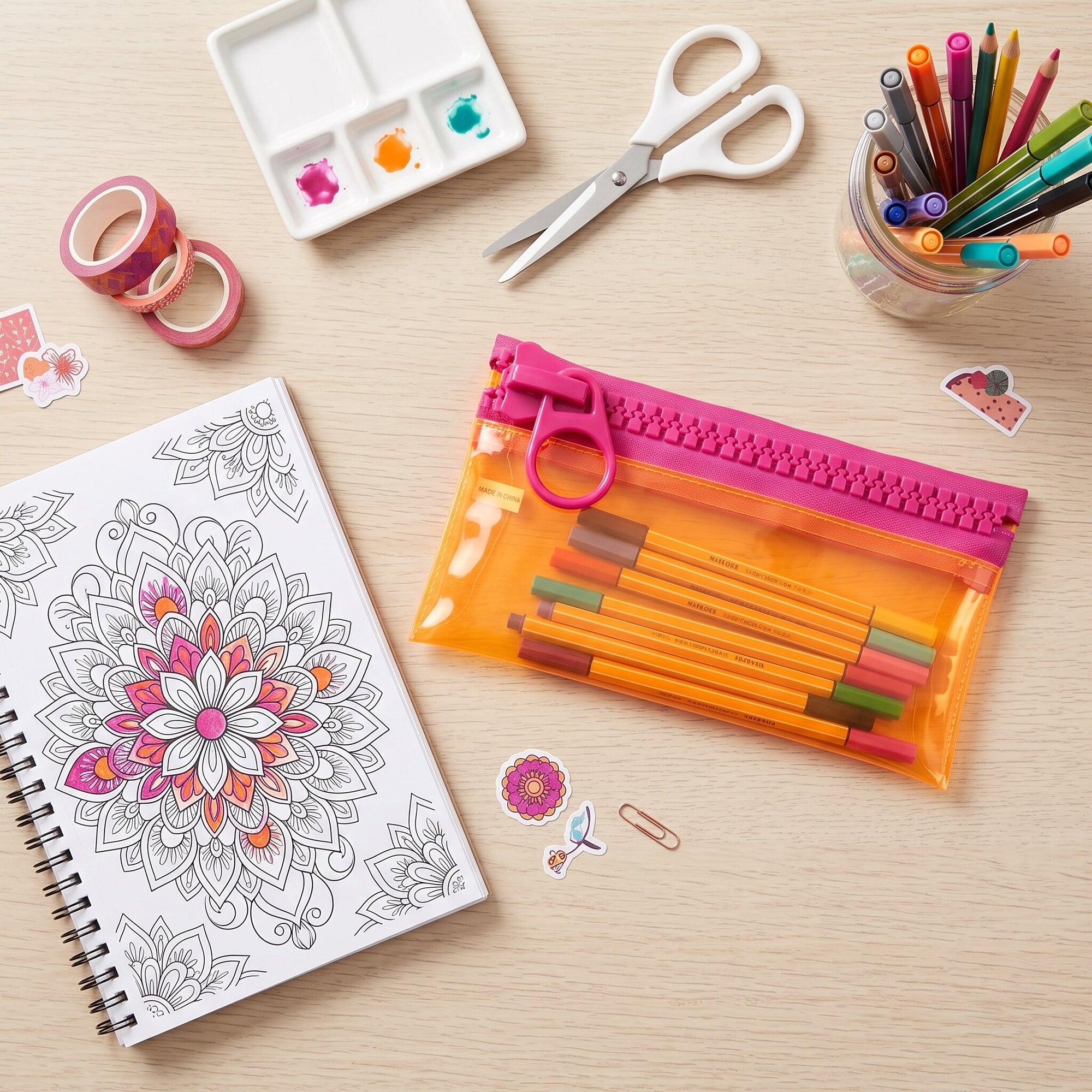 Everything Mary Chunky Zipper Pouch in Orange & Pink – Clear Storage Pouch with Bold Zipper & Wipeable Material for Pencils, Art Supplies & Notions