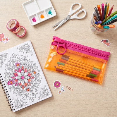 Everything Mary Chunky Zipper Pouch in Orange & Pink – Clear Storage Pouch with Bold Zipper & Wipeable Material for Pencils, Art Supplies & Notions