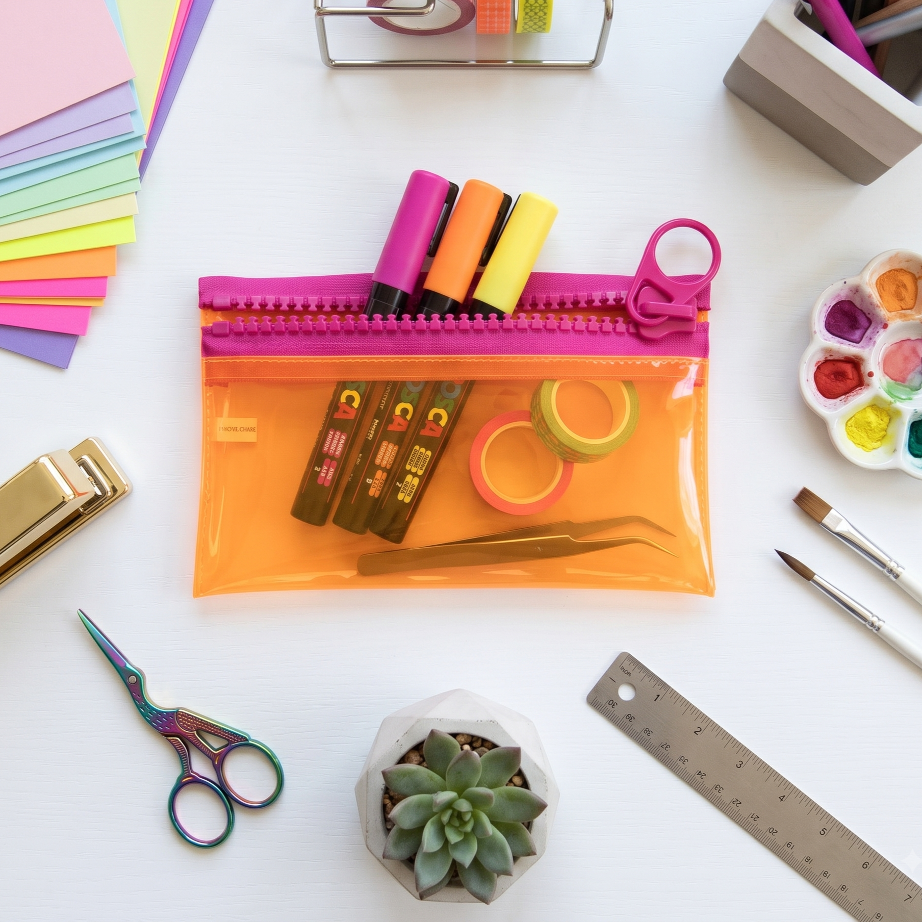 Everything Mary Chunky Zipper Pouch in Orange & Pink – Clear Storage Pouch with Bold Zipper & Wipeable Material for Pencils, Art Supplies & Notions
