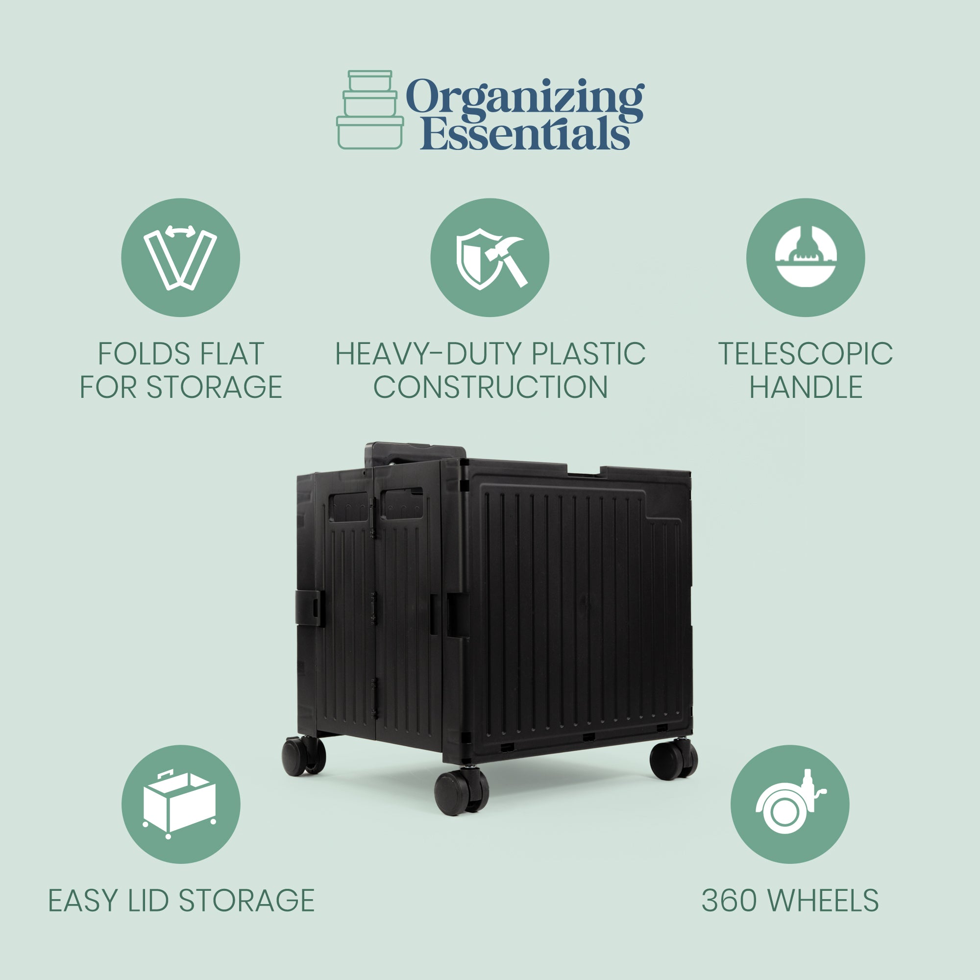 Black Collapsible Rolling Cart with Lid and 360° Wheels – Foldable Utility Shopping and Teacher Cart