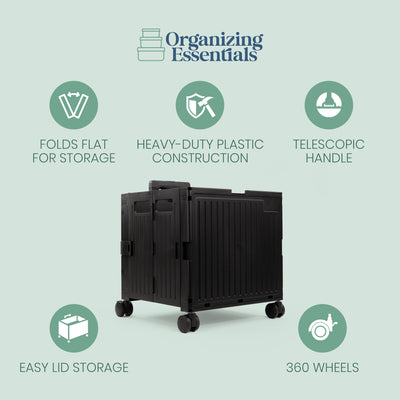 Black Collapsible Rolling Cart with Lid and 360° Wheels – Foldable Utility Shopping and Teacher Cart
