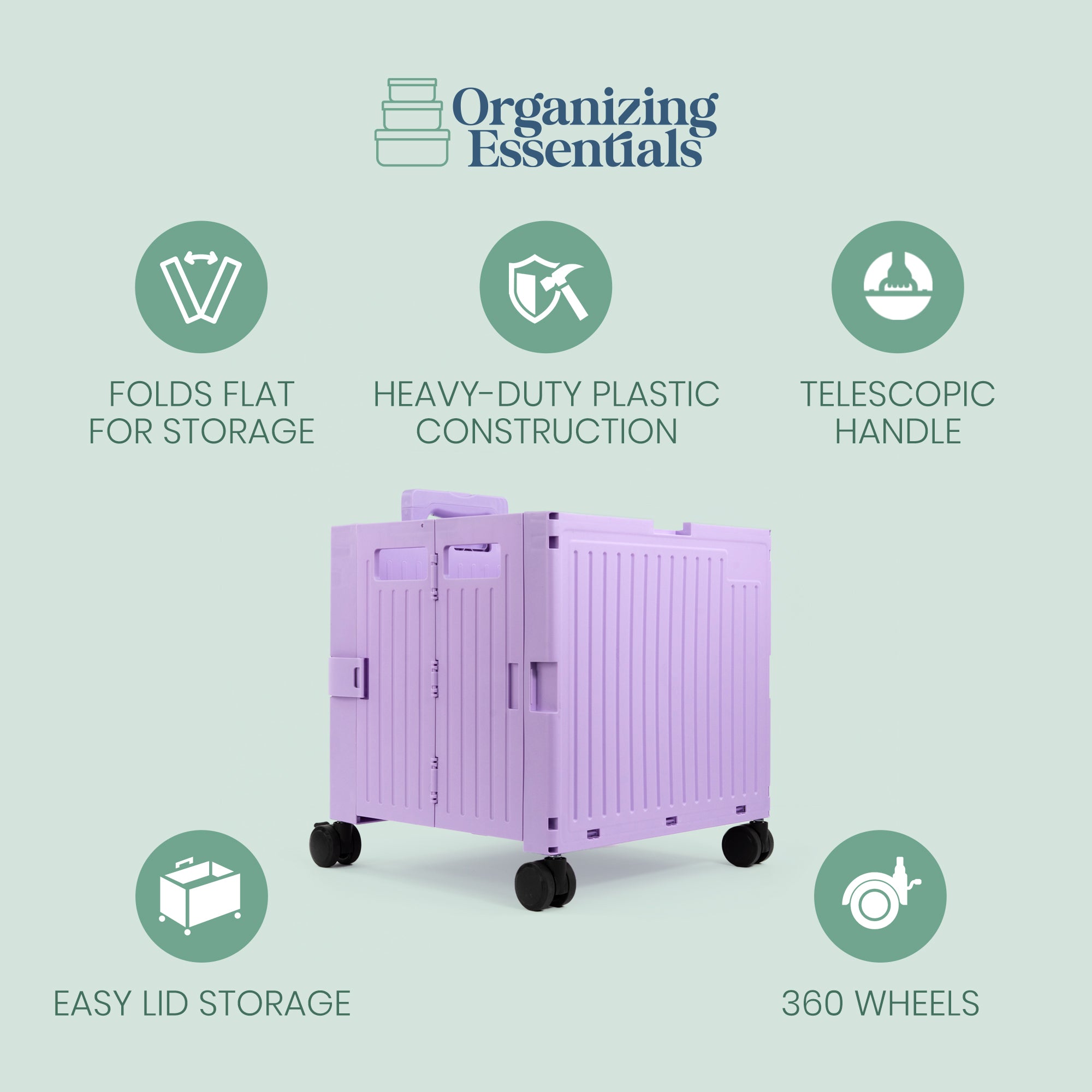 Purple Collapsible Rolling Cart with Lid and 360° Wheels – Foldable Utility Shopping and Teacher Cart
