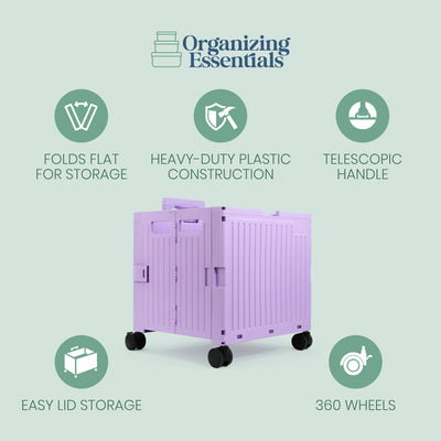 Purple Collapsible Rolling Cart with Lid and 360° Wheels – Foldable Utility Shopping and Teacher Cart