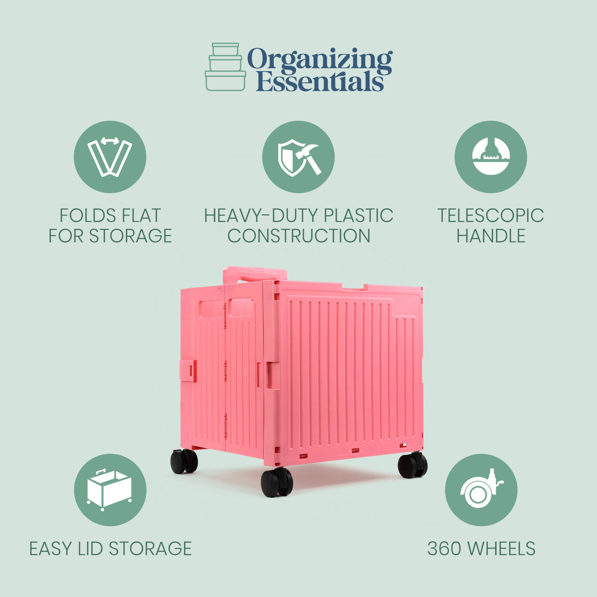 Pink Collapsible Rolling Cart with Lid and 360° Wheels – Foldable Utility Shopping and Teacher Cart