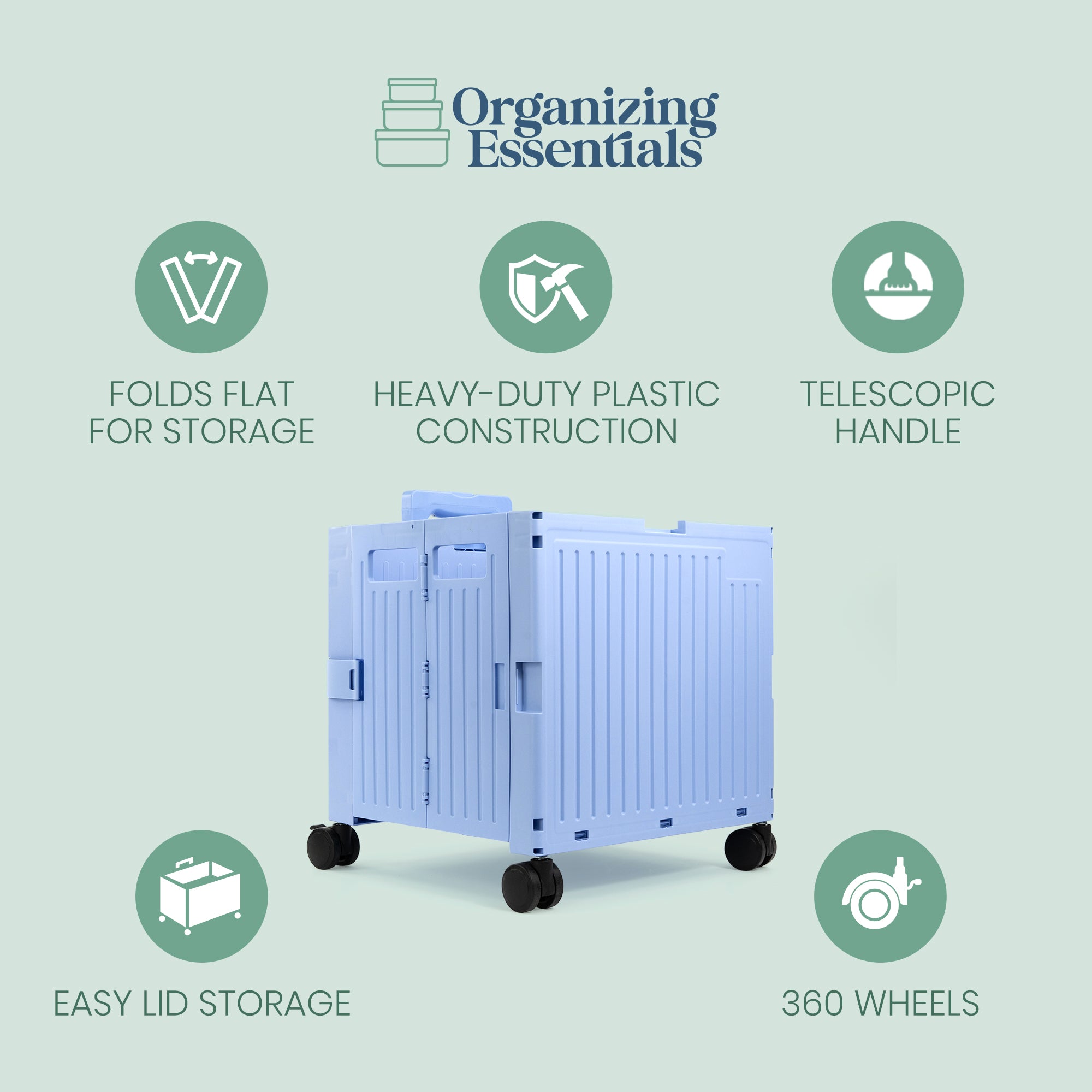 Blue Collapsible Rolling Cart with Lid and 360° Wheels – Foldable Utility Shopping and Teacher Cart