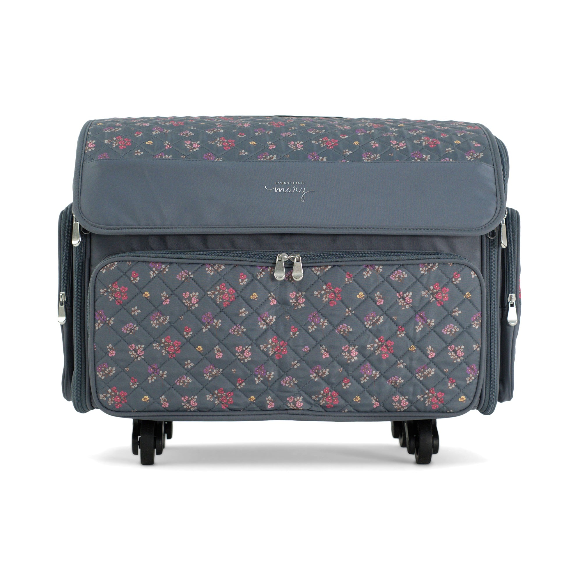 Everything Mary XL Rolling Sewing Machine Case with Wheels in Grey Quilted Floral – Sewing Machine Tote Bag for Travel, Classes & Quilting