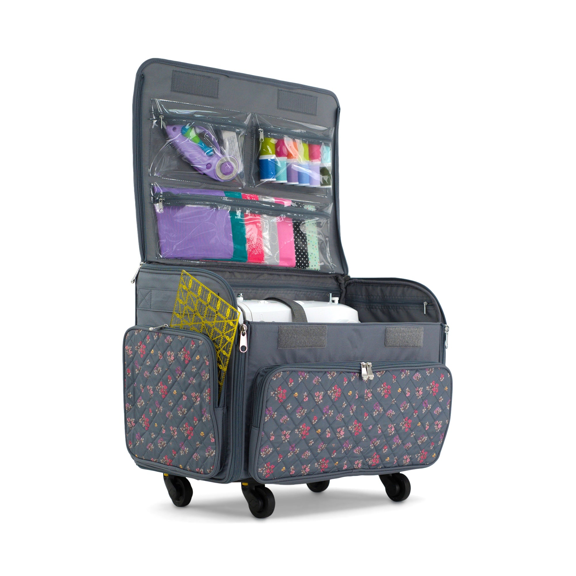 Everything Mary XL Rolling Sewing Machine Case with Wheels in Grey Quilted Floral – Sewing Machine Tote Bag for Travel, Classes & Quilting