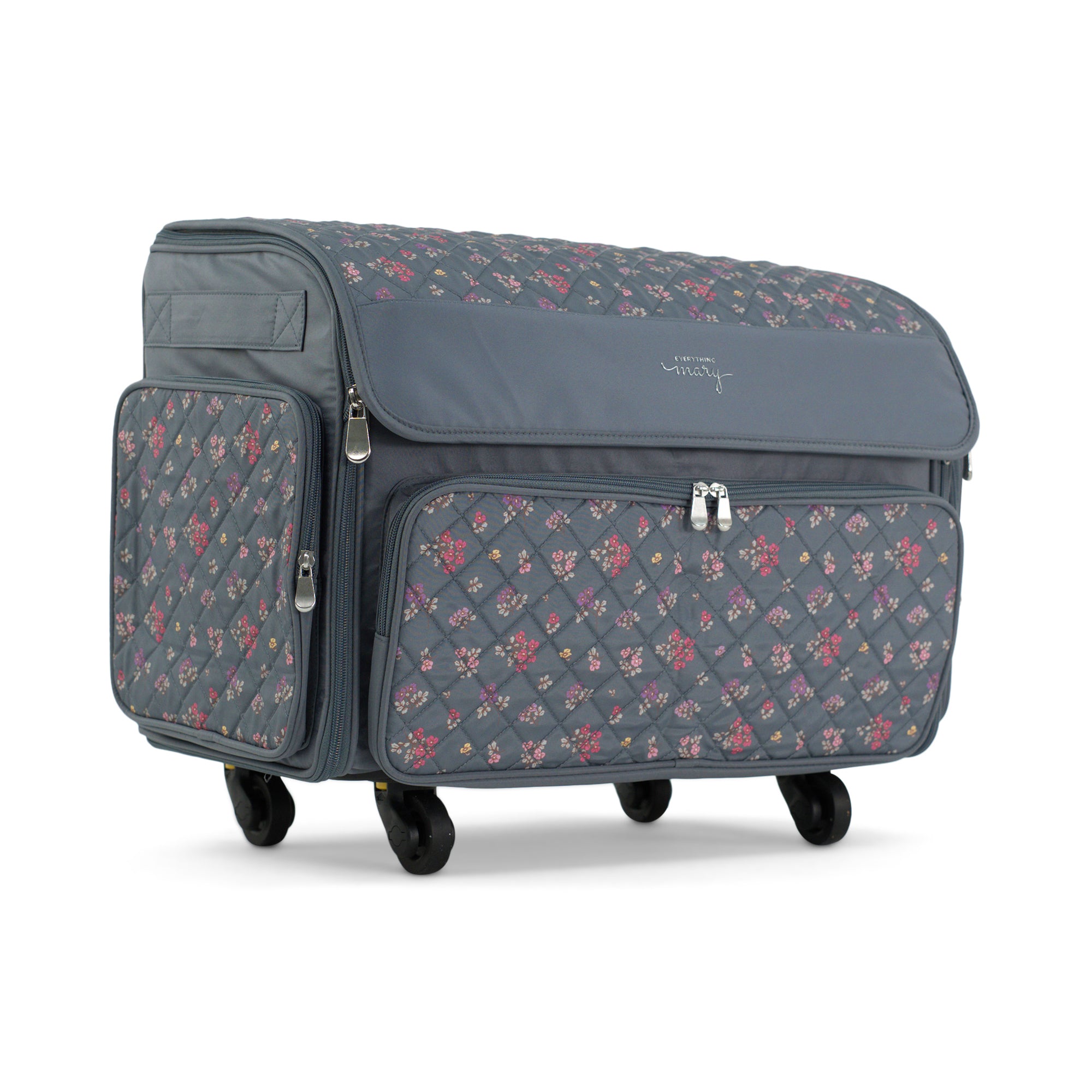 Everything Mary XL Rolling Sewing Machine Case with Wheels in Grey Quilted Floral – Sewing Machine Tote Bag for Travel, Classes & Quilting