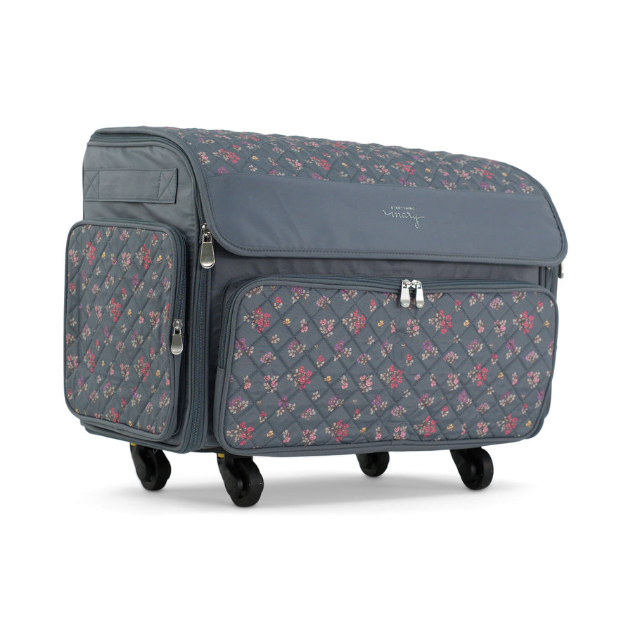 Everything Mary XL Rolling Sewing Machine Case with Wheels in Grey Quilted Floral – Sewing Machine Tote Bag for Travel, Classes & Quilting