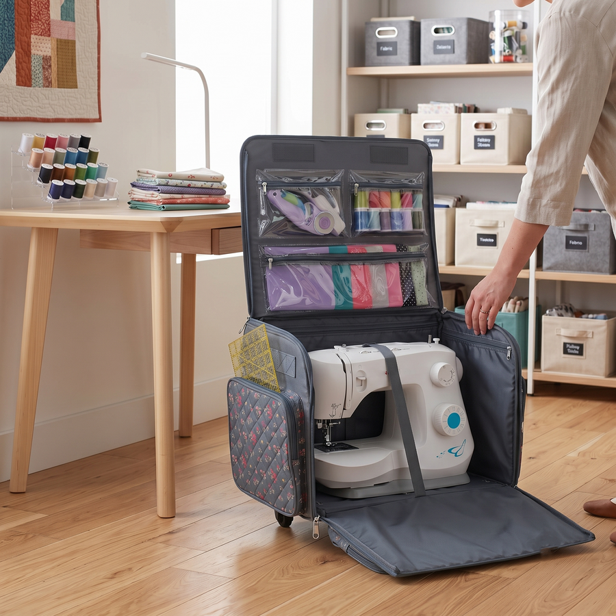Everything Mary XL Rolling Sewing Machine Case with Wheels in Grey Quilted Floral – Sewing Machine Tote Bag for Travel, Classes & Quilting
