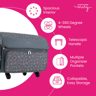 Everything Mary XL Rolling Sewing Machine Case with Wheels in Grey Quilted Floral – Sewing Machine Tote Bag for Travel, Classes & Quilting